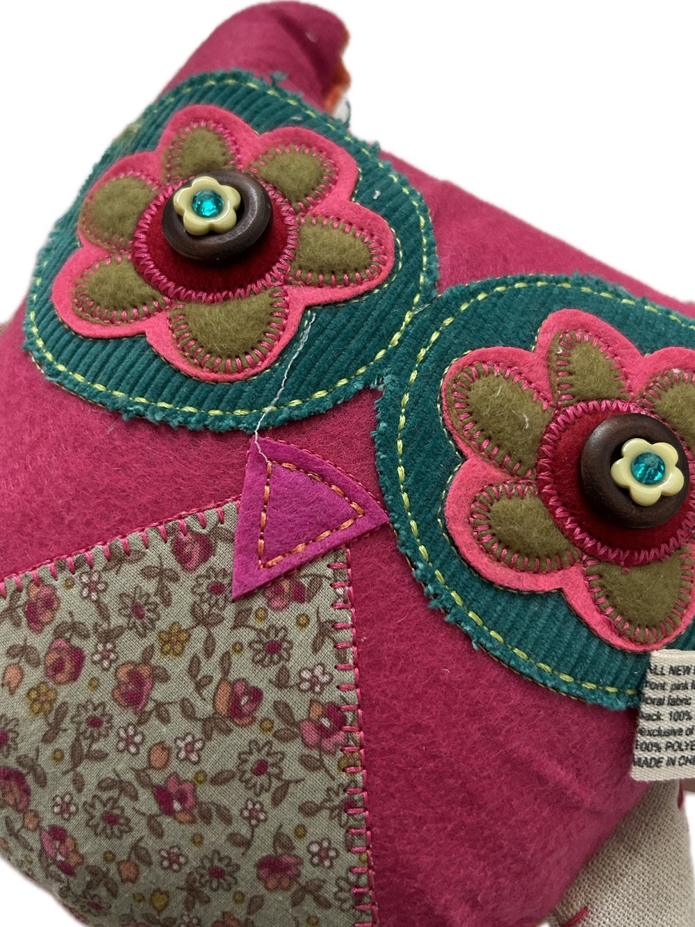 NATURAL LIFE Embroidered Corduroy Colorful Plush Mini Floral Owl Decor Pillow 7"